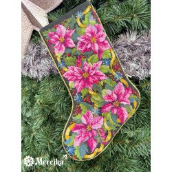 K262 - Rožinės puansetijos Kalėdinė kojinė (Pink Poinsettia Christmas Stocking) siuvinėjimo rinkinys Merejka