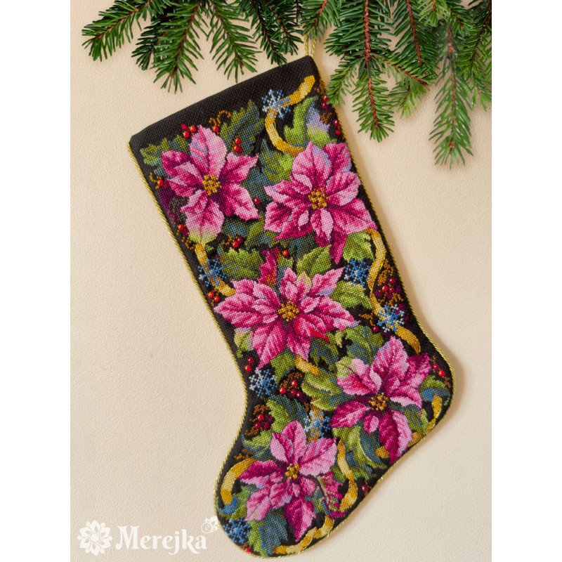 K262 - Rožinės puansetijos Kalėdinė kojinė (Pink Poinsettia Christmas Stocking) siuvinėjimo rinkinys Merejka