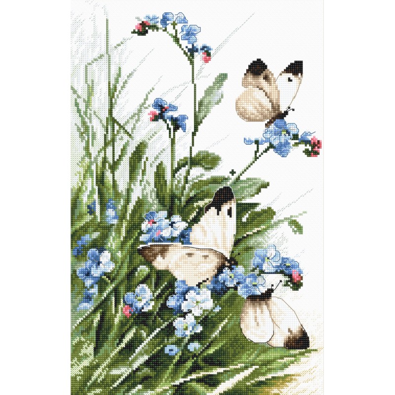 LETI 939 - drugeliai ir mėlynžiedės gėlės (Butterflies and bluebird flowers) siuvinėjimo rinkinys Letistitch