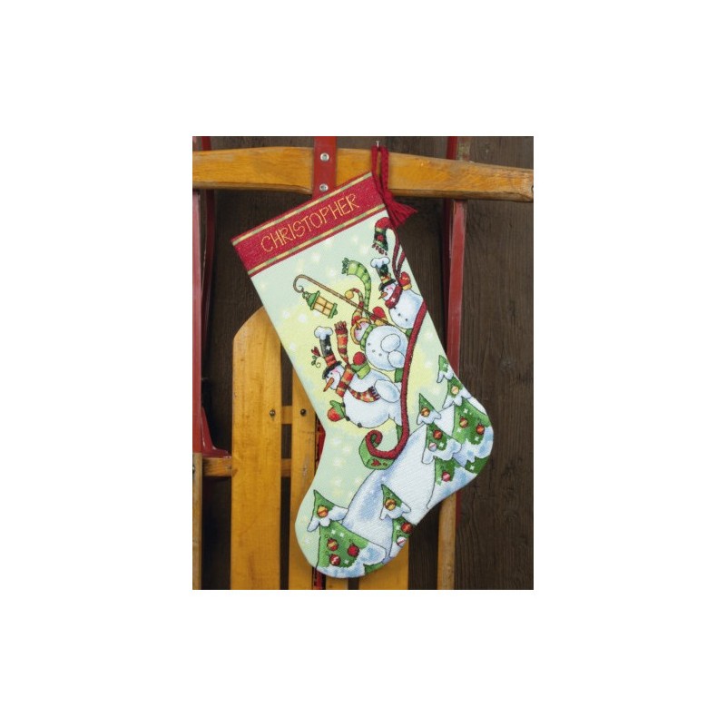 D70-08853 - Sledding Snowmen Christmas Stocking siuvinėjimo rinkinys Dimensions